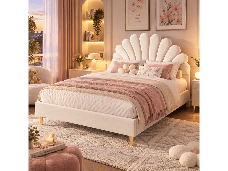  Lit double enfant 140 x 200 avec sommier à lattes, lit fille rembourré avec tête de lits en forme de pétale, velours (matelas non inclus)  - Conforama B