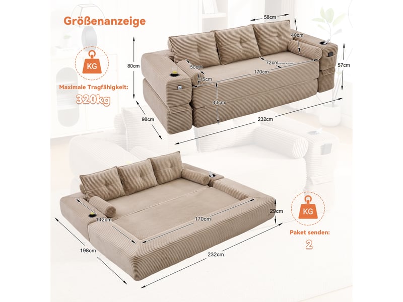  Canapé convertible 3 places avec porte-gobelet -  coussins mémoire, velours côtelé kaki 232 × 98 × 80 cm  - Conforama D
