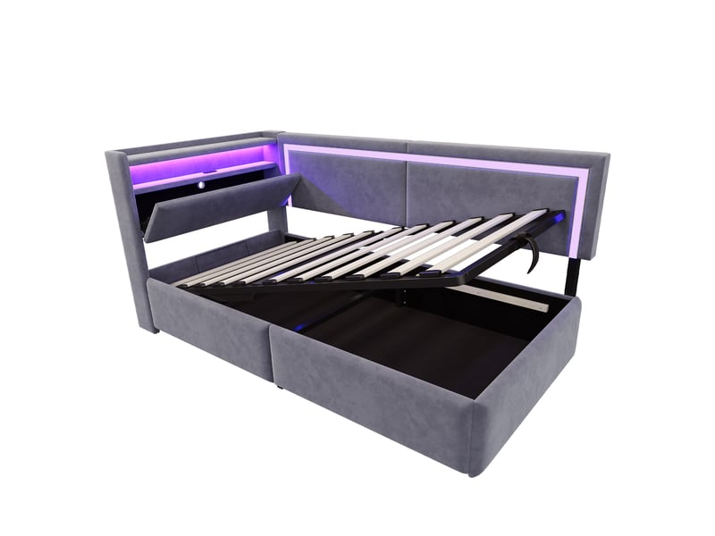  Canapé-lit 90x200 cm velours gris foncé – sommier-coffre hydraulique, tête de lit ouvrable, led &amp; usb  - Conforama E