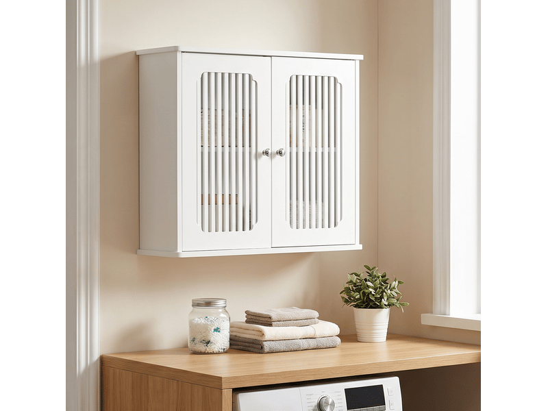  Armoire de salle de bain murale à 2 portes persiennées avec étagère, rangement pratique blanc en mdf, 60 × 20 × 52 cm  - Conforama D