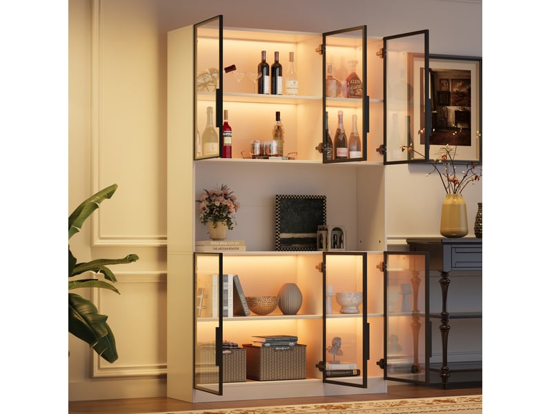  Vitrine haute blanche en mdf et verre avec led, 6 portes, 120 x 34 x 200 cm  - Conforama C