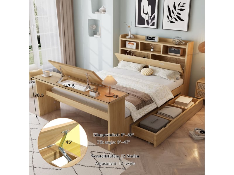  Lit ado 140 x 200 cm rangement intégré étagère en tête de lit tiroir coulissant table rabattable réglable structure tête de lit couleur bois naturel  - Conforama E