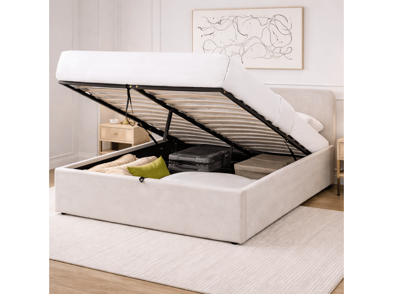 Lit coffre 140x190 cm avec tête de lit en tissu beige chiné - lior  - Conforama C