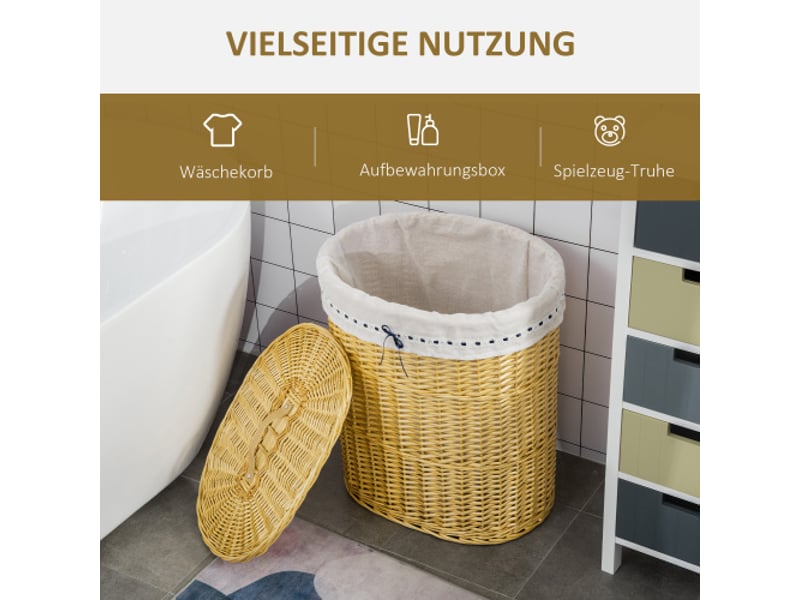 Panier à linge en osier naturel 100 l avec couvercle, 51 x 38 x 57 cm, pour chambre et salle de bain - Conforama D