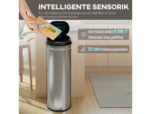 Poubelle à capteur 50 l en inox, sans contact, fermeture douce, argentée, cuisine et bureau