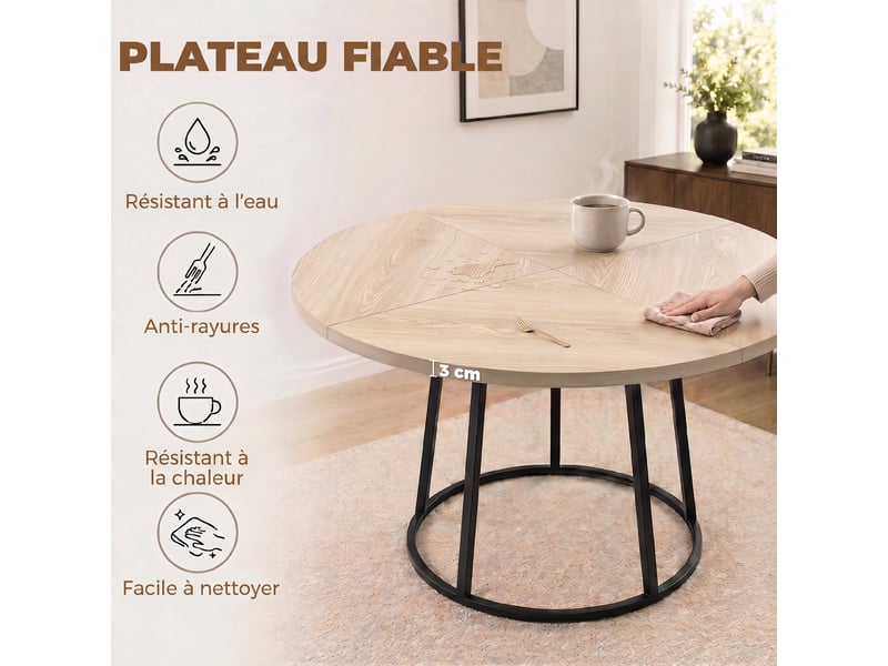  Table à manger ronde pour 4 à 6 personnes, ø 120 x 75 cm, table de cuisine avec piétement conique en métal, bois naturel  - Conforama R