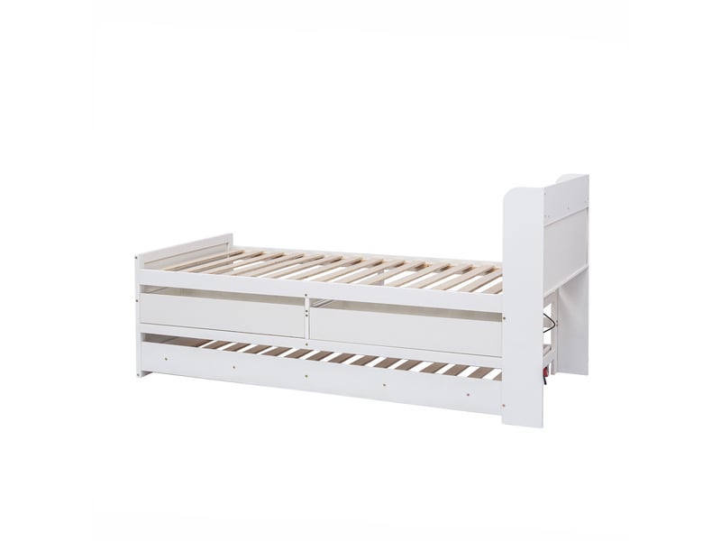 Lit gigogne 190×90 cm avec 2 tiroirs, chevet de rangement et port usb, avec sommier, sans matelas, en bois massif blanc - Conforama E