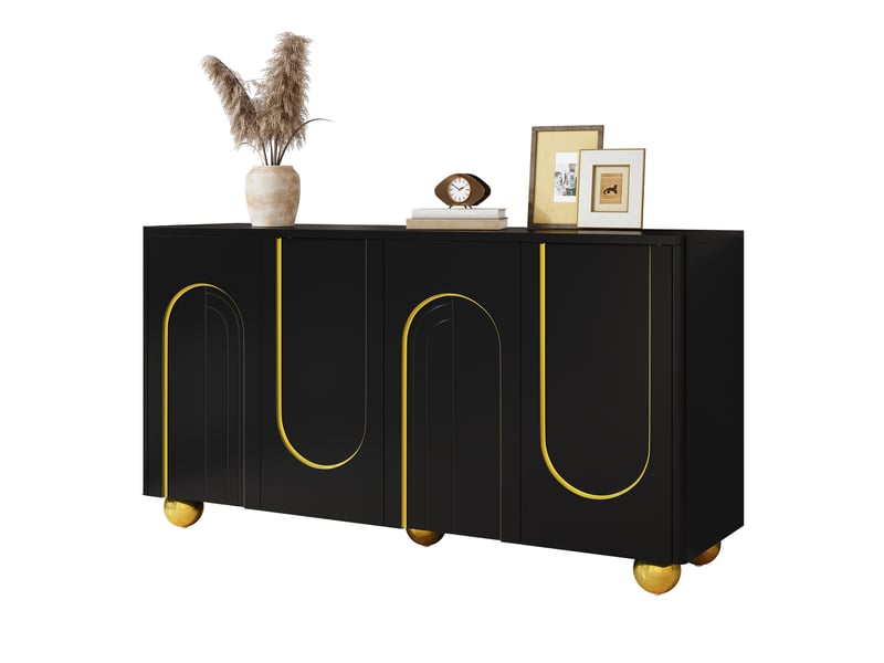 Buffet 4 portes avec rangement et charnières amorties - lpospi - pieds métal dorés mdf et panneaux de particules noir - Conforama A