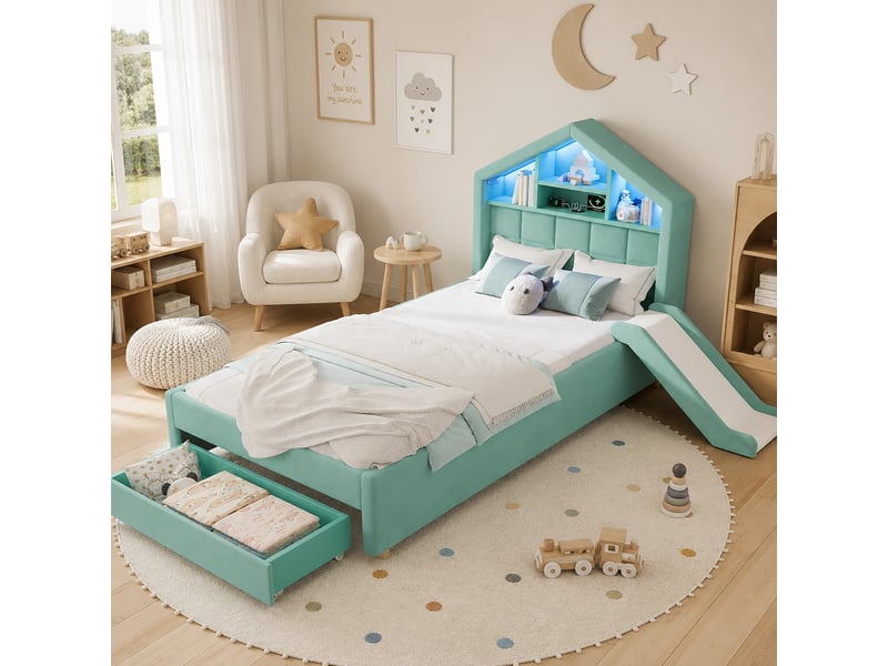 Lit enfant rembourré modenvie 90 x 200 cm bleu-vert avec toboggan modulable led et rangement - Conforama B