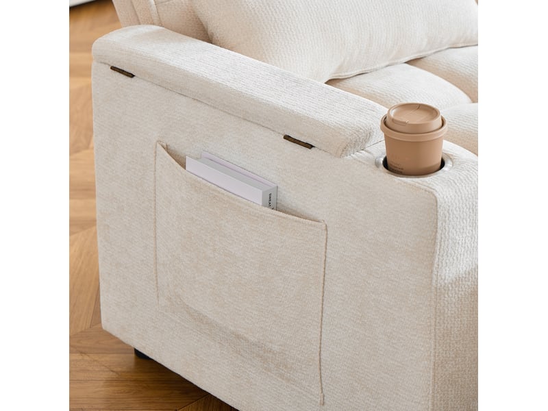  Canapé convertible 3 en 1 142 x 89 x 89 cm beige en chenille, rangements, poches et porte-gobelets  - Conforama E
