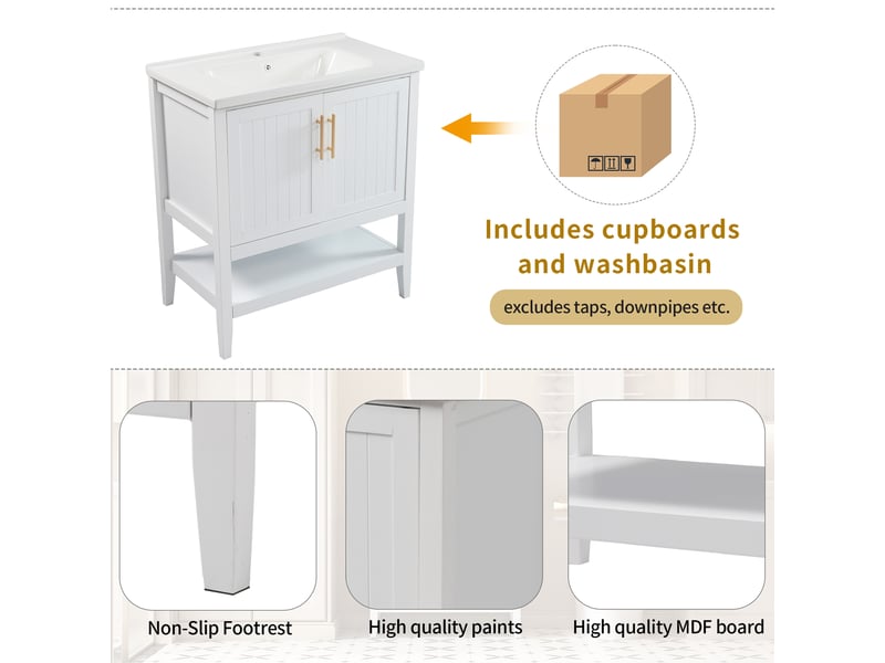 Meuble sous vasque avec lavabo en céramique et poignées, rangement ouvert sur pieds, salle de bain, mdf blanc - Conforama E