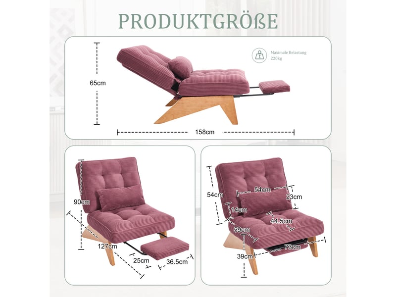  Fauteuil de salon 127x73x90cm – pas d'accoudoirs - avec repose-pieds rétractable, dossier inclinable et coussin lombaire – velours côtelé - rouge  - Conforama C