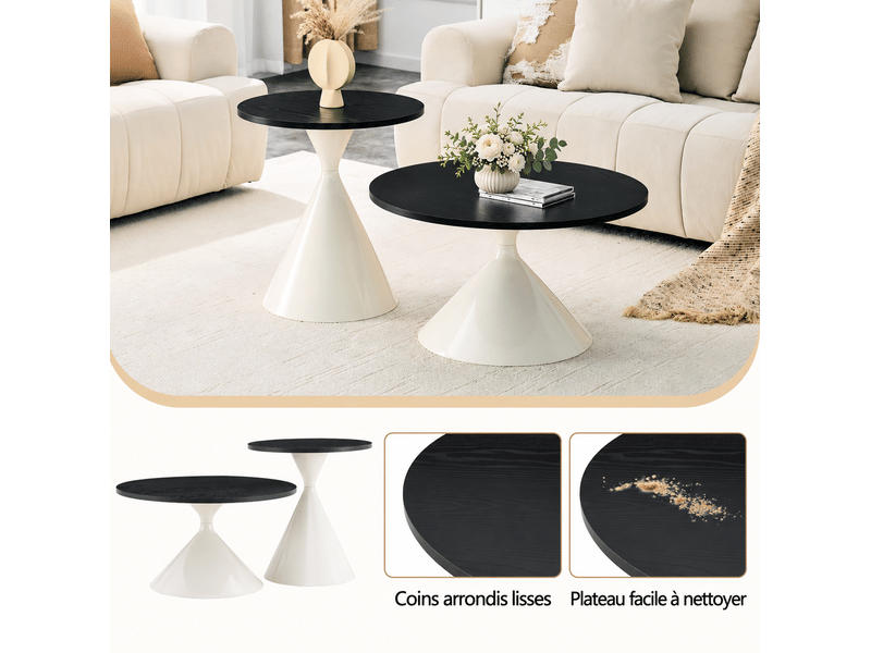  Lot de 2 tables basses gigognes 70x40+50x50 cm, empilables, gain de place, pour le salon et la chambre, métal, noir  - Conforama E