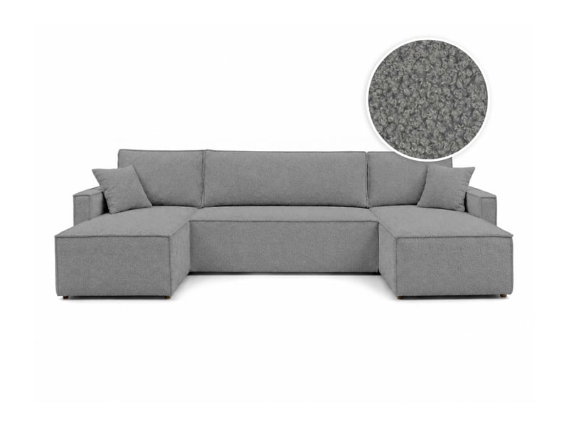 Farah - canapé d'angle panoramique convertible 6 places accoudoirs slim en tissu bouclettes généreuses - Conforama A