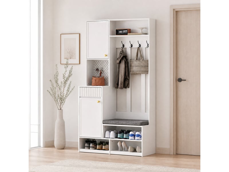  Meuble d'entrée avec banc rembourré, 4 crochets, armoire, 2 tiroirs et niches pour entrée en mdf blanc, 100 × 35 × 180 cm  - Conforama C