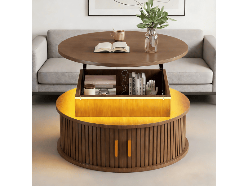  Table basse ronde 75 x 75 x 52 cm en mdf avec rangement, led et hauteur réglable couleur noyer chicfurn  - Conforama C