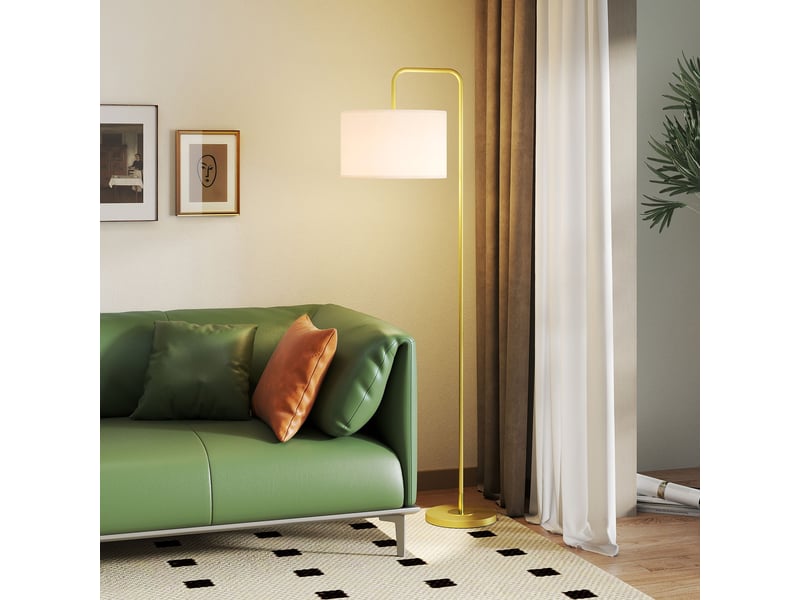  Lampadaire moderne pour le salon, avec abat-jour aspect lin et interrupteur au pied, 163,5 cm, doré et blanc  - Conforama C