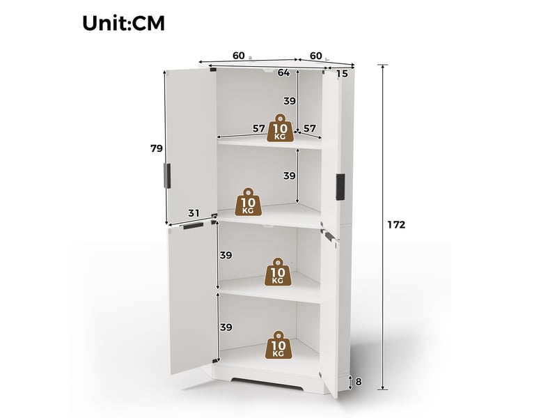  Meuble d'angle de rangement avec 4 portes et étagères réglables pour cuisine et salon en mdf blanc 60 × 60 × 172 cm  - Conforama C