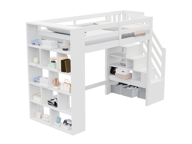  Lit mezzanine 90x200 cm blanc avec rangements et éclairage led  - Conforama A
