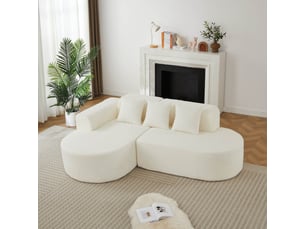 Canapé d’angle en l 3 places 222x157x73 cm avec méridienne gauche, formes arrondies style wabi-sabi, 3 coussins dossier, chenille beige