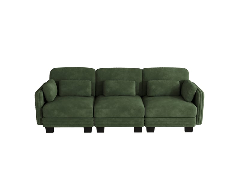  Canapé droit modulaire 3 places 253x88x88 cm, coussins lombaires et accoudoirs, structure bois, chenille vert  - Conforama A