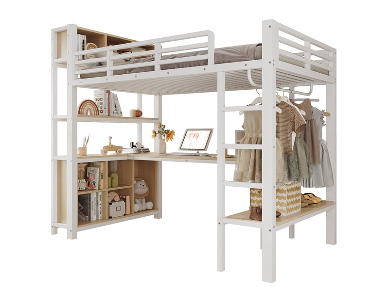  Lit combiné 1 place 90 × 200 cm avec bureau, tringle, étagères et rangements, sans matelas, blanc, mdf métal  - Conforama A