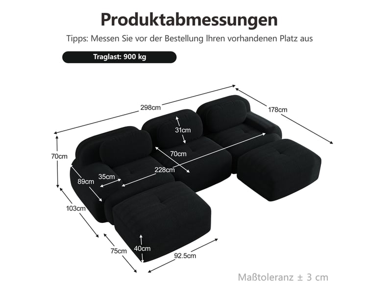 Canapé d'angle panoramique fixe 3 places en velours côtelé noir, modulaire sans montage, pour salon spacieux - Conforama C