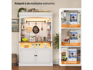 Buffet haut de cuisine blanc,meuble moderne avec led,plan de travail,prise avec usb,portes vitrées,106x43x183cm
