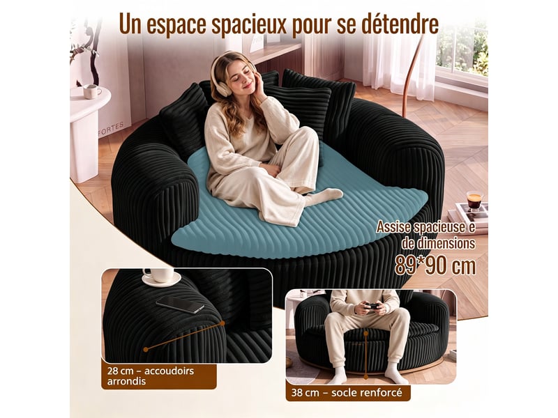  Pouf lounge côtelé en velours côtelé noir avec assise profonde et 5 coussins pour... IKSETERA TRADING LTD - Conforama D
