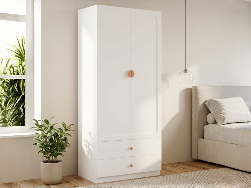  Armoire avec poignées en bois massif, 200 x 90 x 45 cm, 2 tiroirs, 1 penderie et espace de rangement, design moderne, blanc  - Conforama B