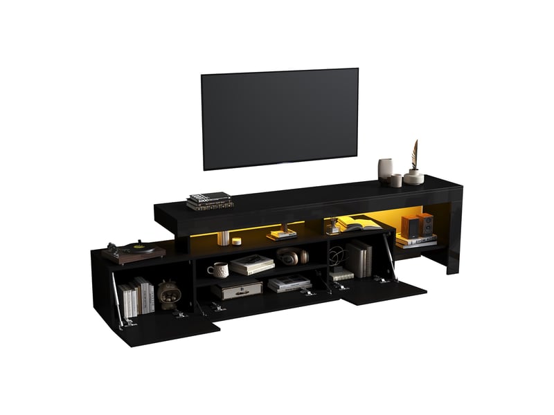  Meuble tv - 192x37x53cm - pour tv jusqu'à 85 - laqué brillant avec éclairage led rgb, 3 portes et niches - noir  - Conforama A