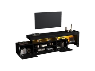 Meuble tv - 192x37x53cm - pour tv jusqu'à 85 - laqué brillant avec éclairage led rgb, 3 portes et niches - noir
