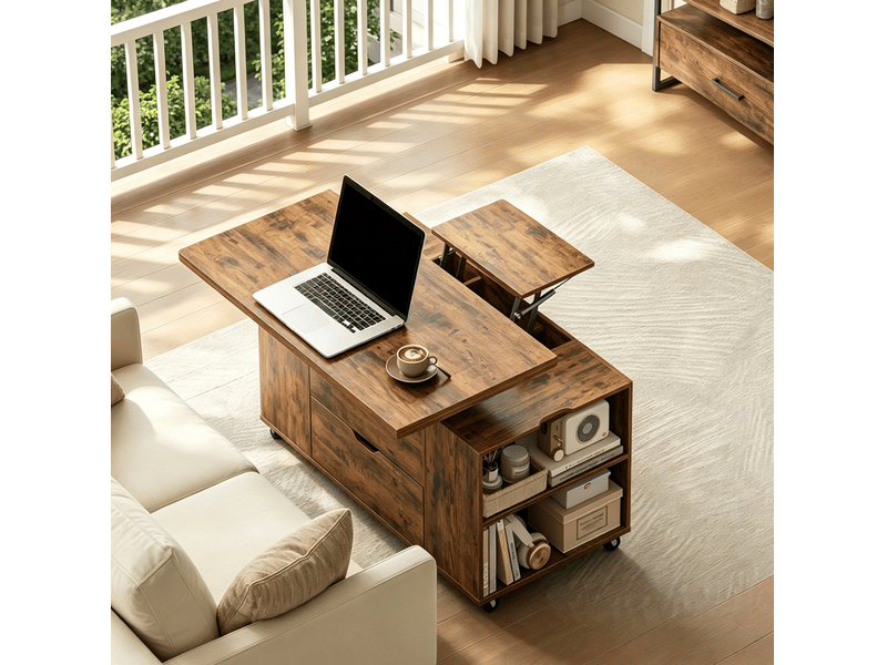  Table basse relevable et extensible à roulettes, bois et métal, brun rustique  - Conforama D