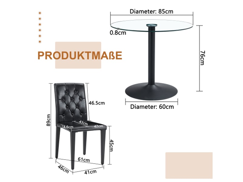  Table ronde en verre 85 cm avec 4 chaises pu capitonnées – ensemble design minimaliste moderne  - Conforama C