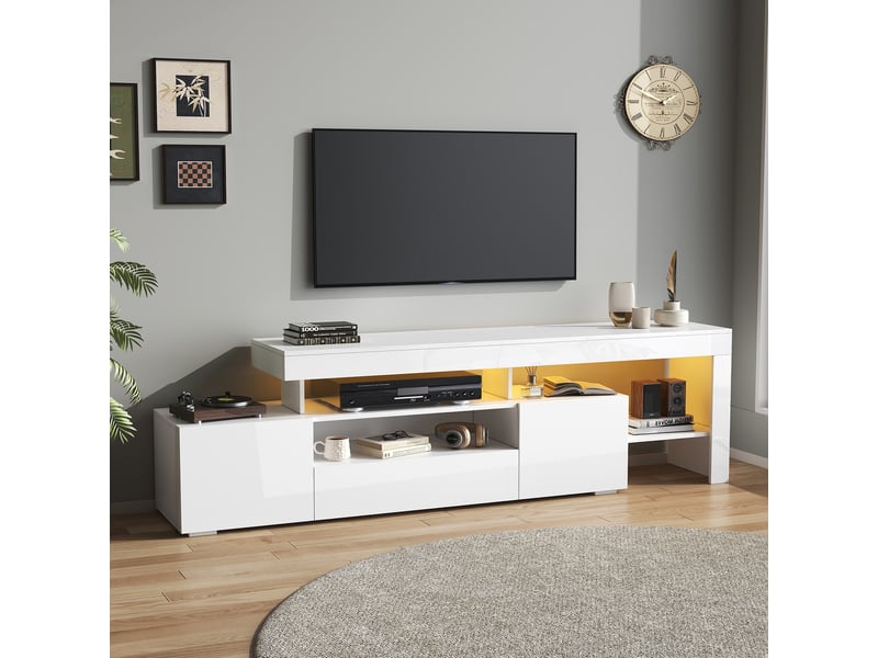  Meuble tv 192 cm blanc laqué avec éclairage led pour tv 85 pouces  - Conforama C