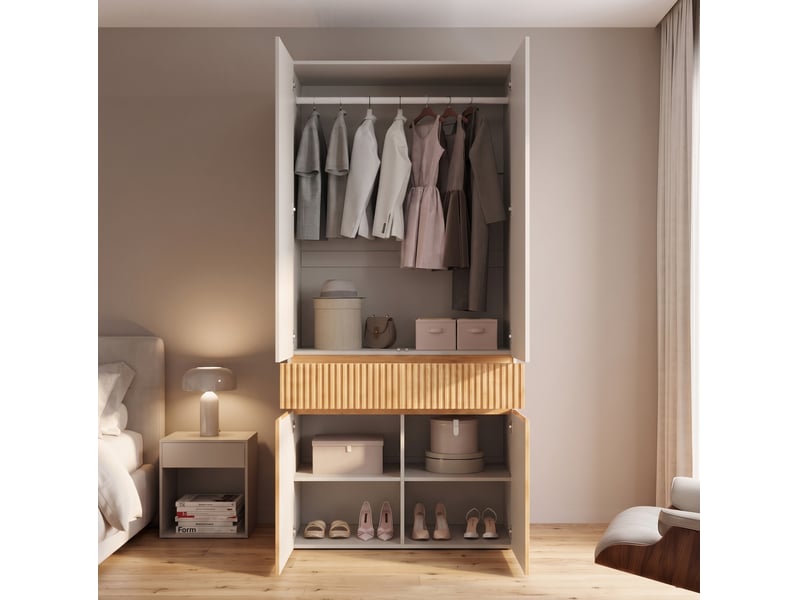 Armoire 4 portes modenvie 90 x 50 x 200 cm avec penderie et tiroir mdf gris clair et chêne clair - Conforama D