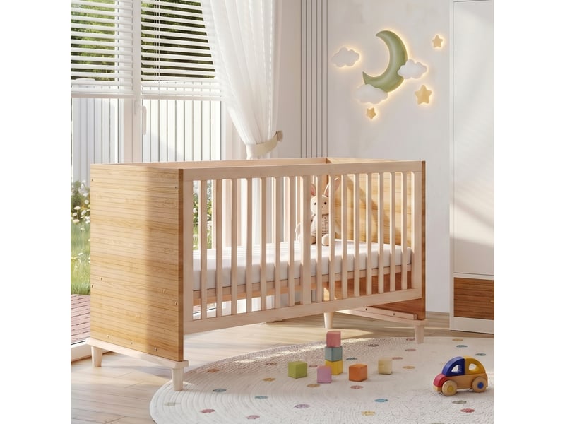  Lit bébé en bois naturel 70x140 cm, réglable en hauteur 5 niveaux, bois massif et mdf  - Conforama W