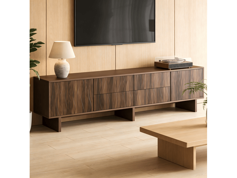  Meuble tv 180x40x56 cm avec 4 tiroirs et 2 portes, panneaux de particules noyer foncé  - Conforama D