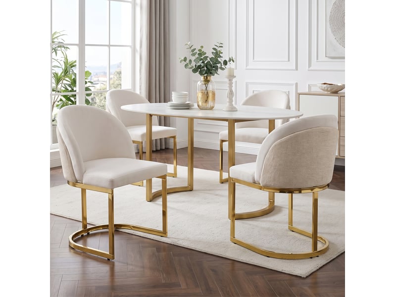  Lot de 2 chaises de salle à manger 59×52×85cm dossier double en chenille beige et or, pieds métalliques éclatants  - Conforama E