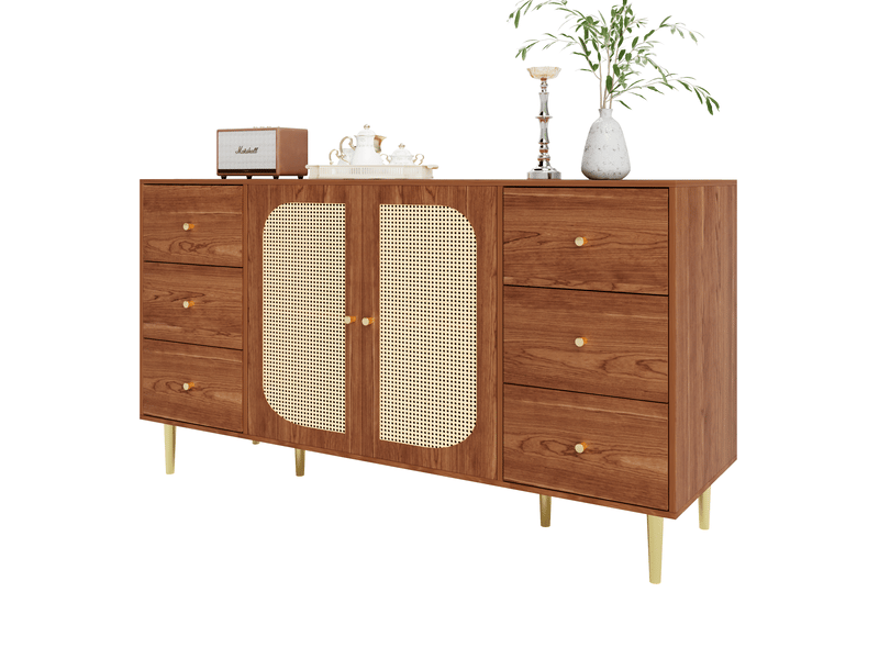  Buffet de rangement mdf 160 x 40 x 90 cm, 6 tiroirs, 2 portes en rotin, marron  - Conforama A