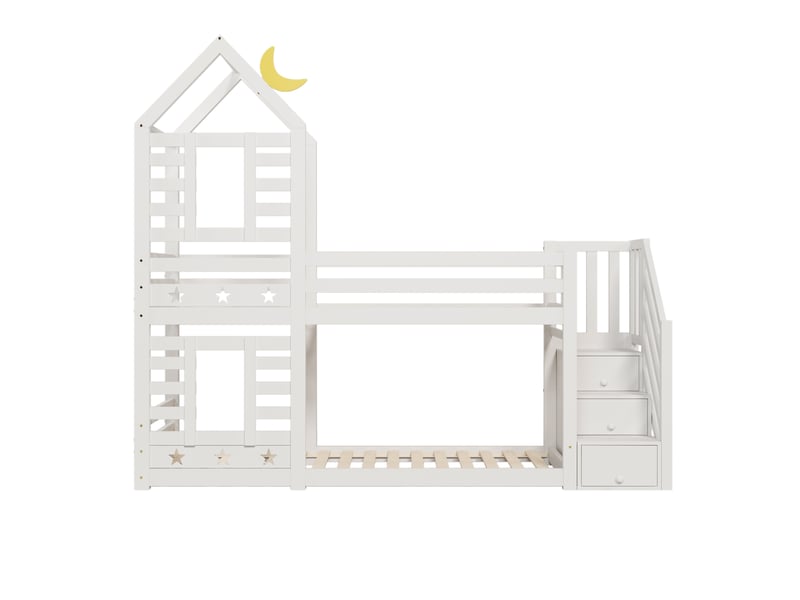  Lit superposé 90x200 cm, lit enfant, 3 tiroirs, cabane dans les arbres, barrières de sécurité, blanc, sans matelas  - Conforama E