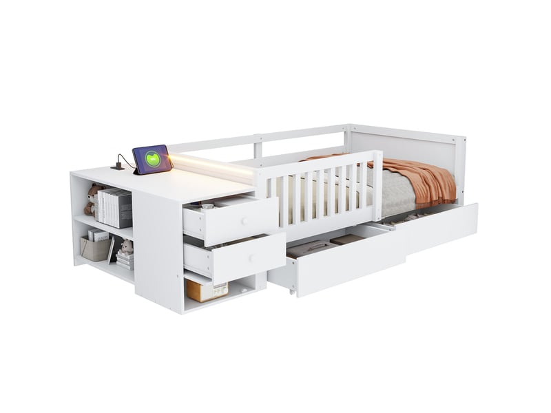  Lit enfant 90x200 cm avec rangement indépendant, prise intégrée, led et barrière de sécurité, bois, blanc, sans matelas  - Conforama A