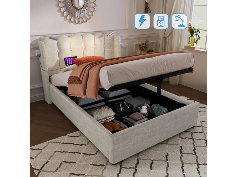  Lit coffre 1 place 90x200 cm avec liseuses usb et sommier en tissu  - Conforama C