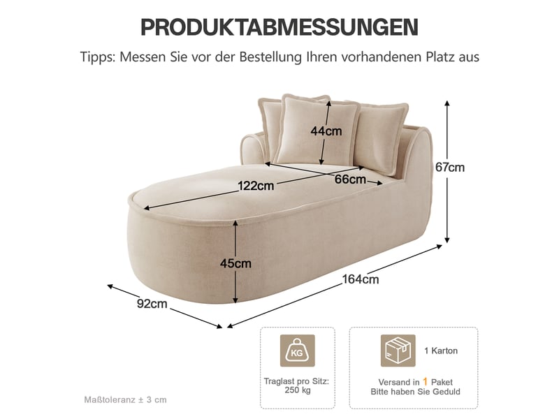 Canapé méridienne gauche en chenille taupe clair 164x92x67 cm avec assise profonde et sans montage - Conforama C