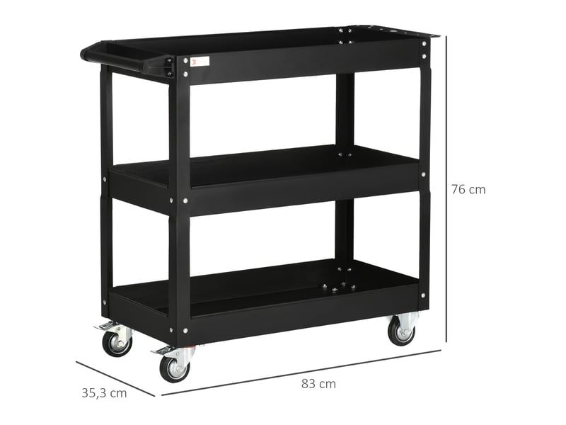 Chariot d'atelier 83 x 35,3 x 76 cm noir en acier, 3 étagères sur roulettes avec poignée latérale - Conforama C