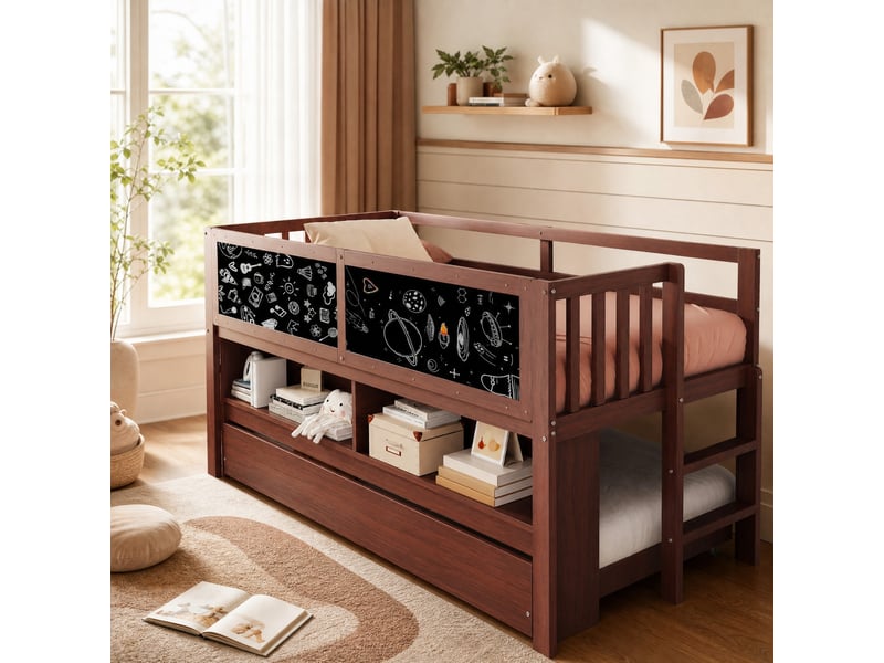  Lit enfant 90 x 200 cm marron avec lit gigogne, rangements ouverts et tableau à craie  - Conforama C
