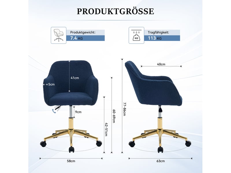  Fauteuil de bureau réglable 58x58 cm – bleu foncé – rotation 360° sur roulettes et base dorée en métal  - Conforama C