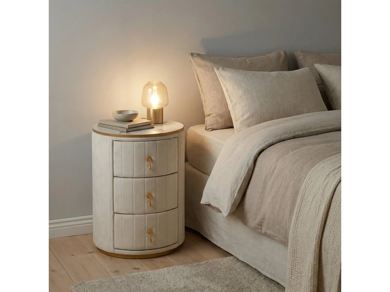  Table de chevet ronde 40x40x52,5 cm, 3 tiroirs, plateau effet marbre, velours blanc et métal doré  - Conforama W