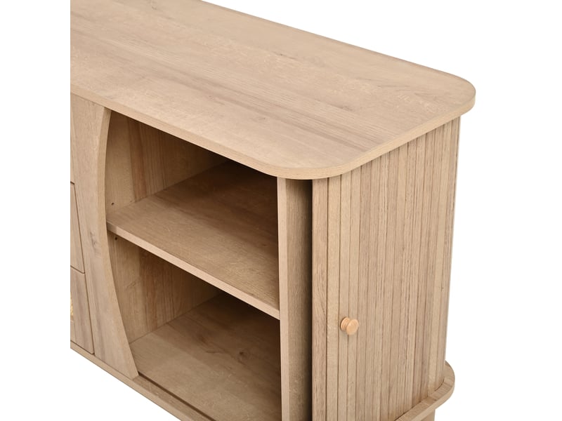  Buffet bas 141 x 40 x 77 cm – naturel – 3 tiroirs en rotin, portes coulissantes et étagères réglables  - Conforama C