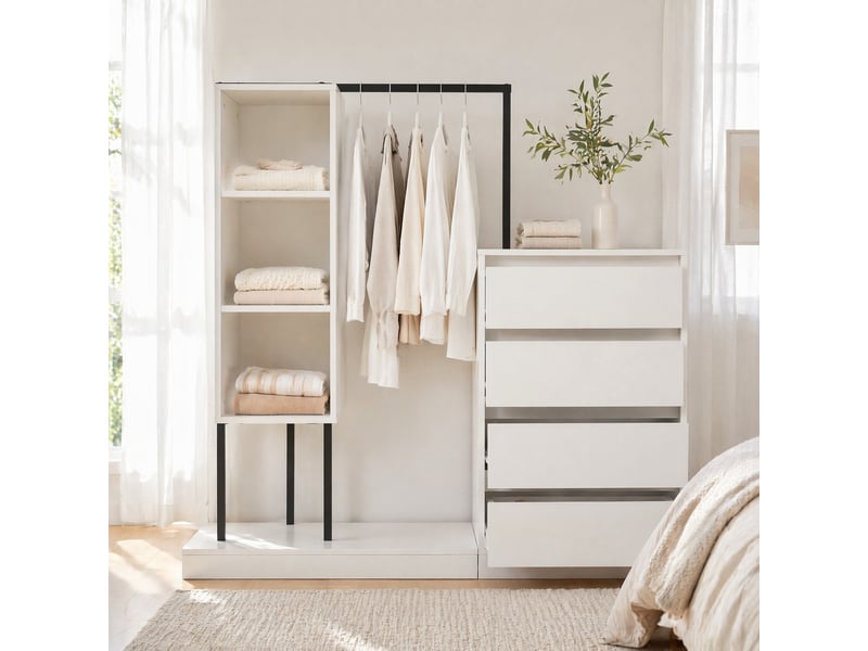  Meuble de rangement avec 4 tiroirs, 3 niches ouvertes et penderie pour chambre ou entrée, blanc, 100 × 40 × 135 cm  - Conforama B